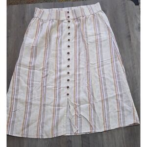 Somoma Button Front Midi Fit And Flare Skirt Neutral Stripe Linen Boho Women L